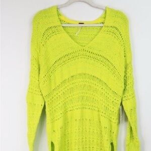 Free People hot tropic vibrant greenV-Neck Sweater with Geometric Knit